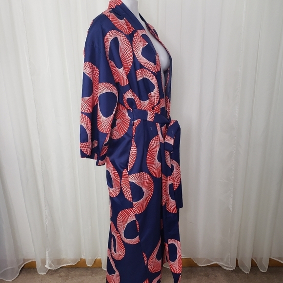 Vintage B. Cohen for Saks Fifth Avenue kimono robe blue red geometric pattern - Picture 8 of 13